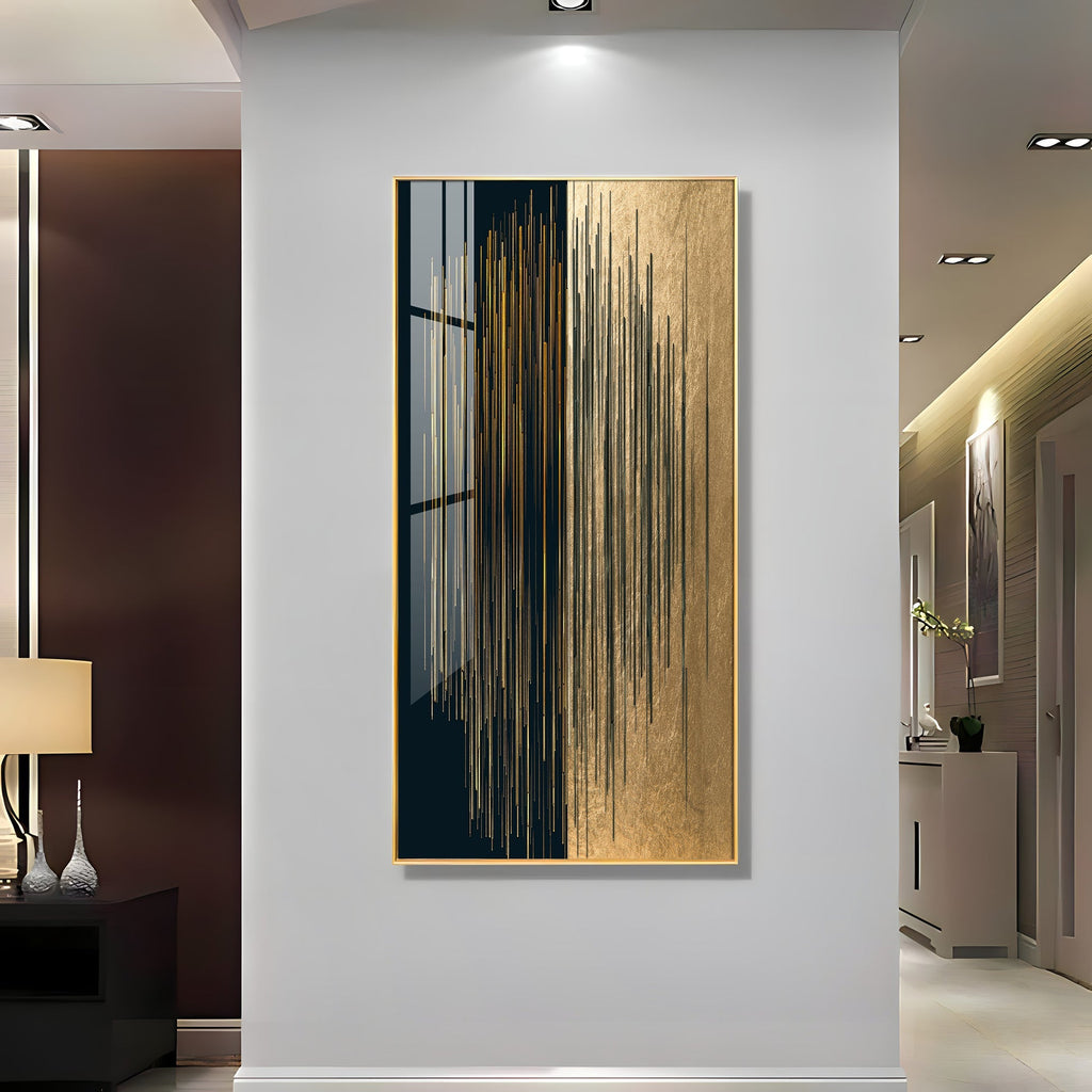 Premium Gold and Black Abstract Acrylic Wall Art with Vertical Line Design for Living Room Decoration