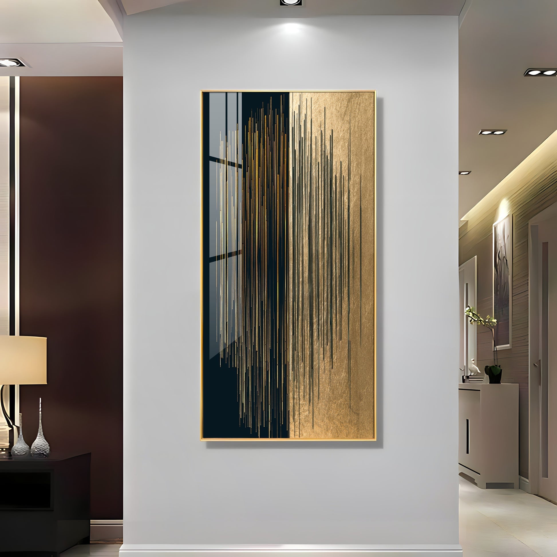 Premium Gold and Black Abstract Acrylic Wall Art with Vertical Line Design for Living Room Decoration