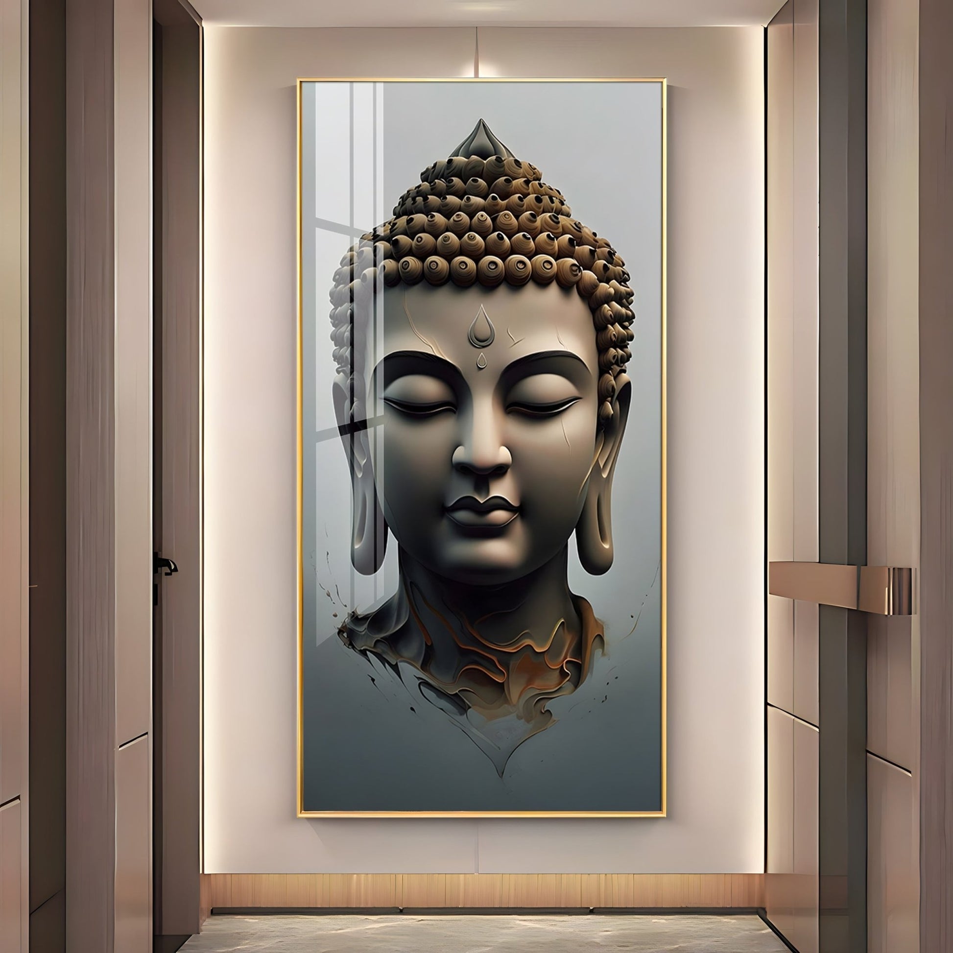 Modern Buddha Acrylic Wall Art with Serene Meditation Face and Elegant Spiritual Interior Design