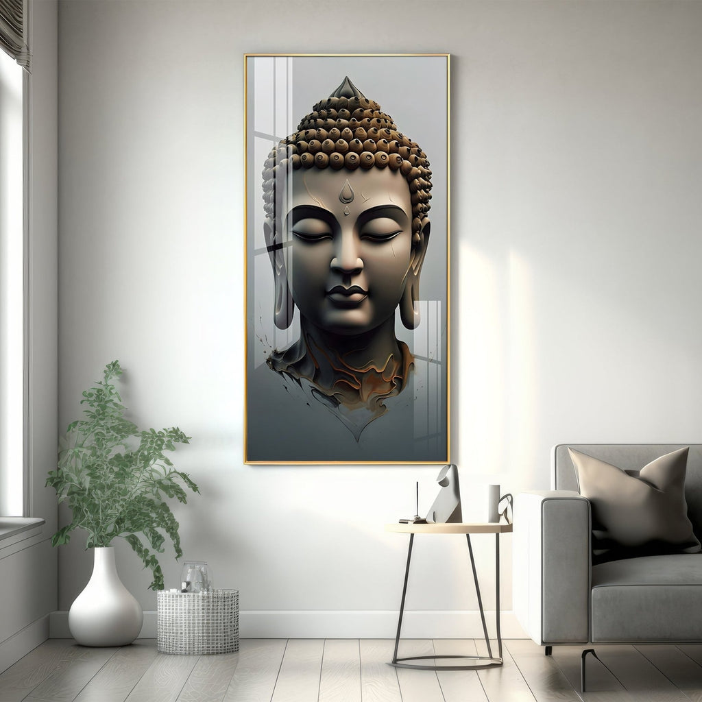 Modern Buddha Acrylic Wall Art with Serene Meditation Face and Elegant Spiritual Interior Design