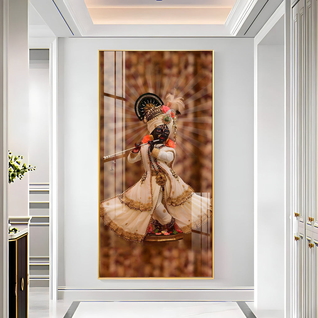 Divine Krishna Acrylic Wall Painting with Flute Playing Pose for Temple and Home Interior