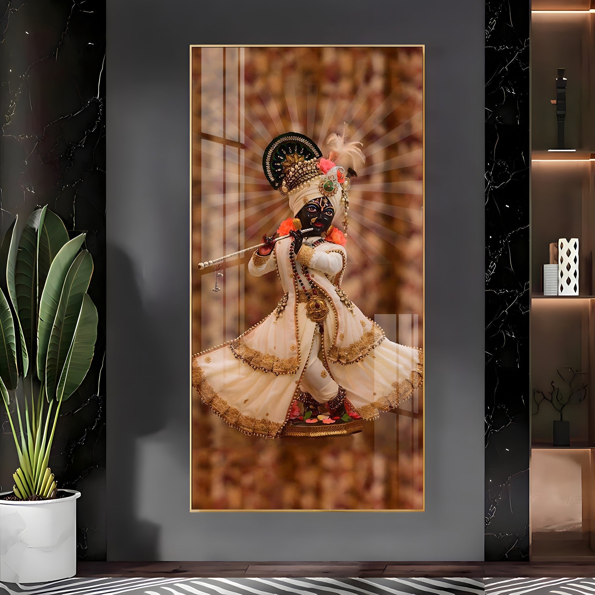 Divine Krishna Acrylic Wall Painting with Flute Playing Pose for Temple and Home Interior