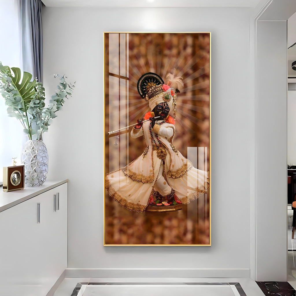 Divine Krishna Acrylic Wall Painting with Flute Playing Pose for Temple and Home Interior