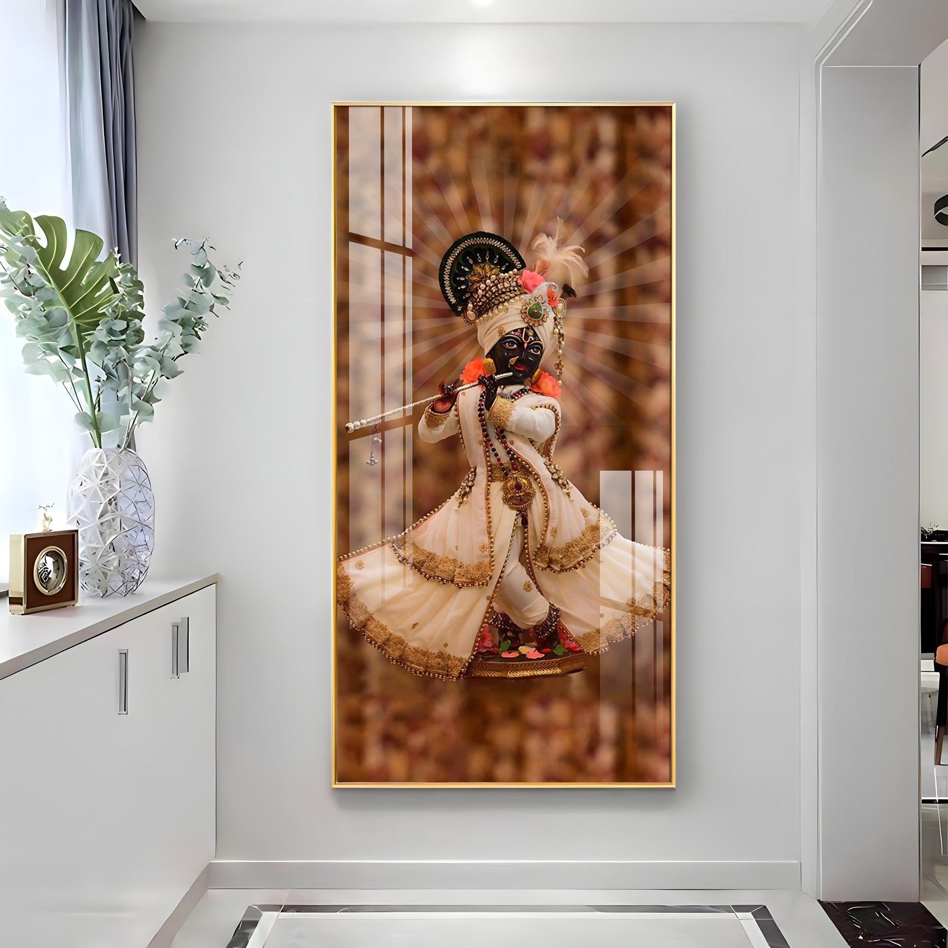 Divine Krishna Acrylic Wall Painting with Flute Playing Pose for Temple and Home Interior