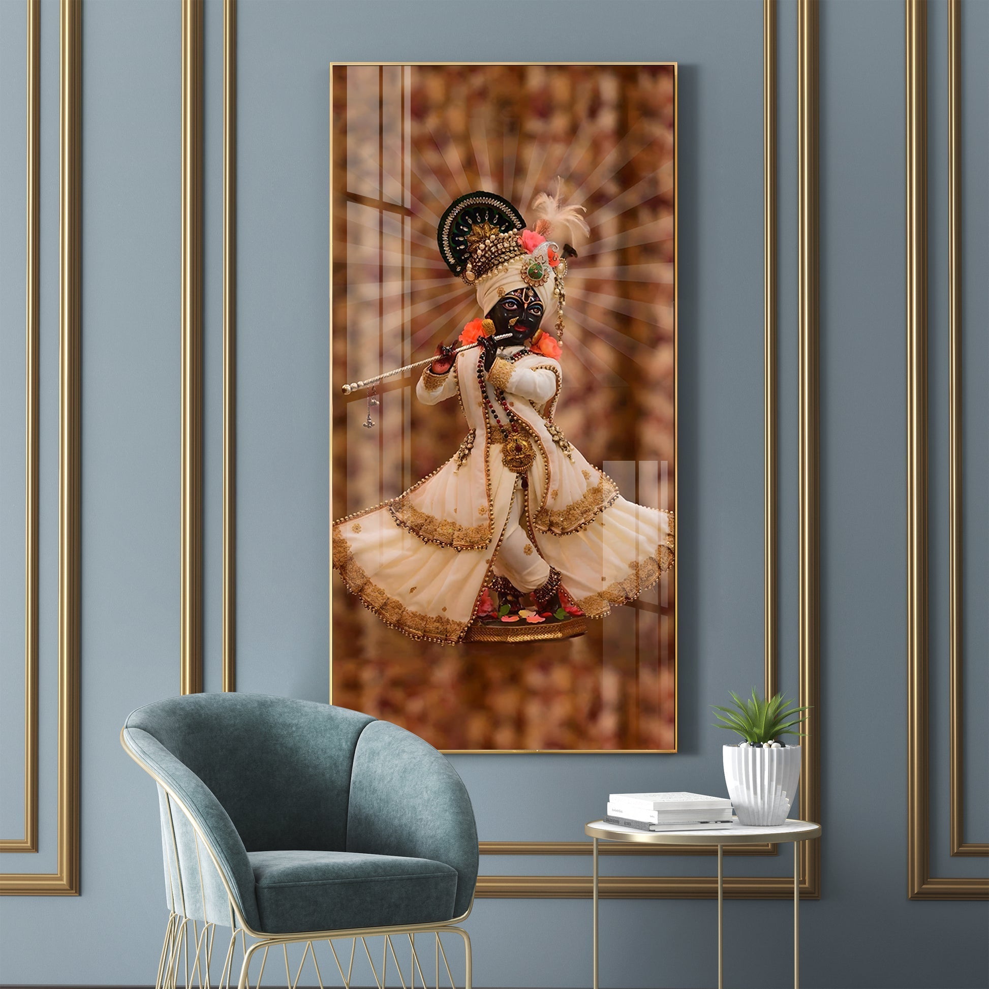 Divine Krishna Acrylic Wall Painting with Flute Playing Pose for Temple and Home Interior