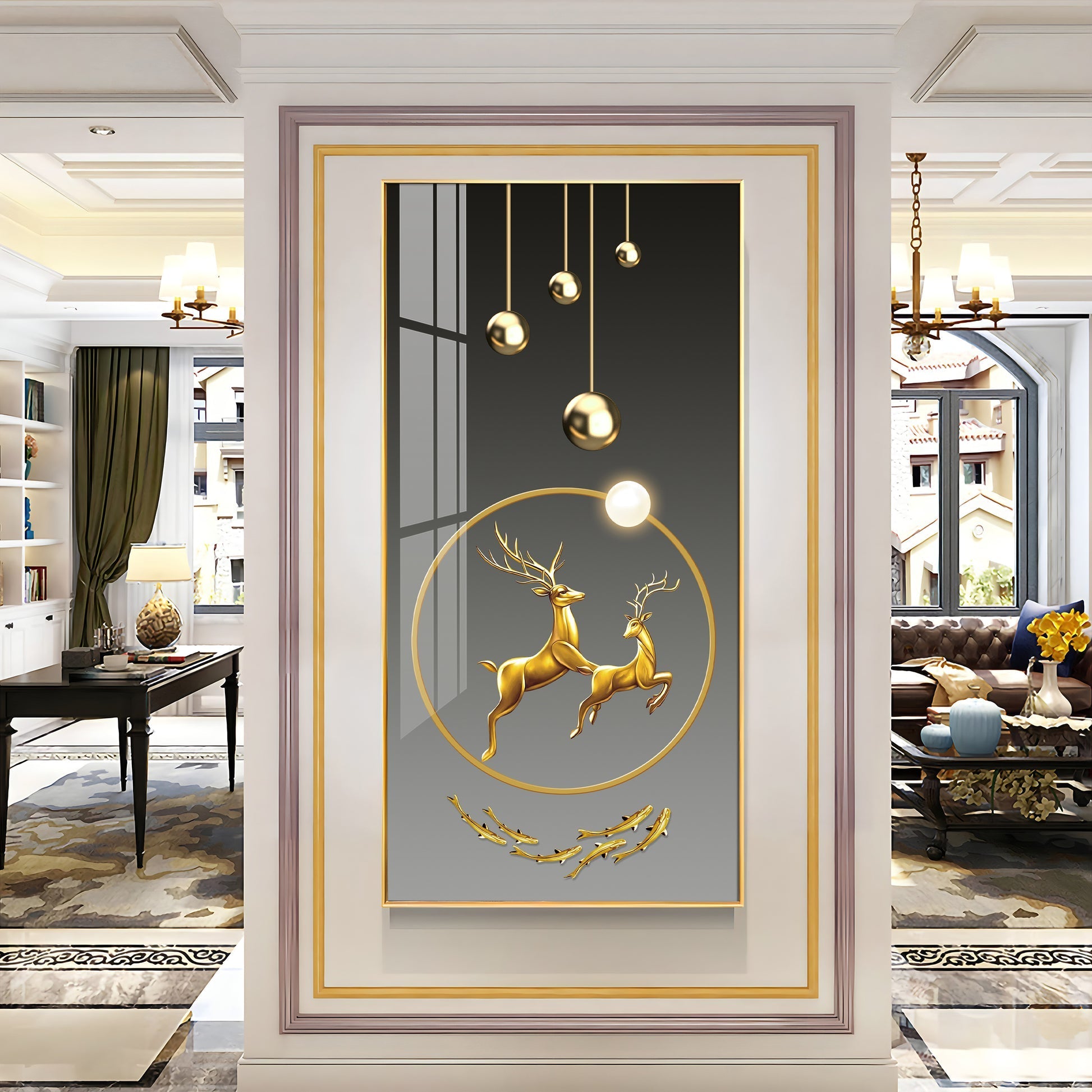 Modern deer design acrylic wall painting with golden abstract art for luxury home decor