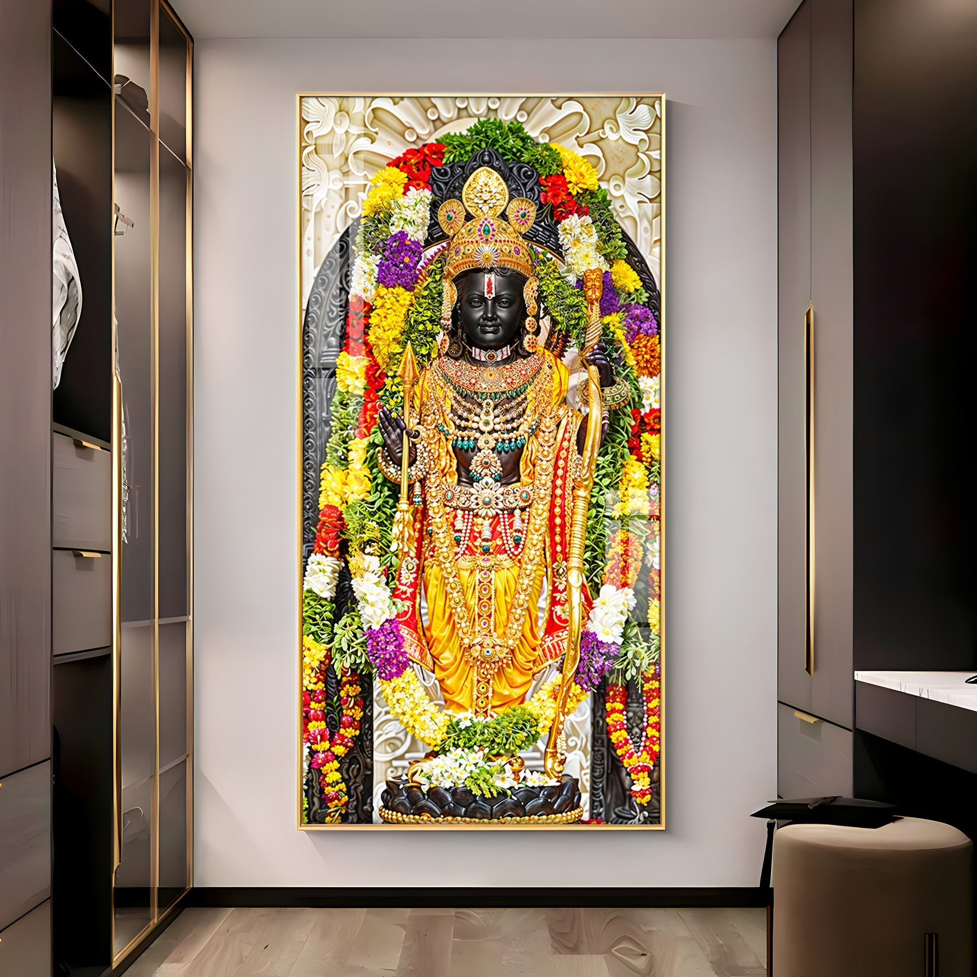 Premium Lord Ram statue design acrylic wall painting with traditional temple artwork style