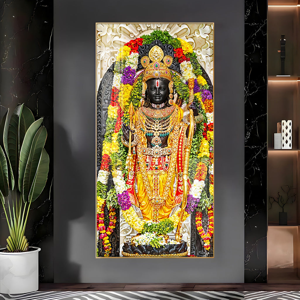Premium Lord Ram statue design acrylic wall painting with traditional temple artwork style