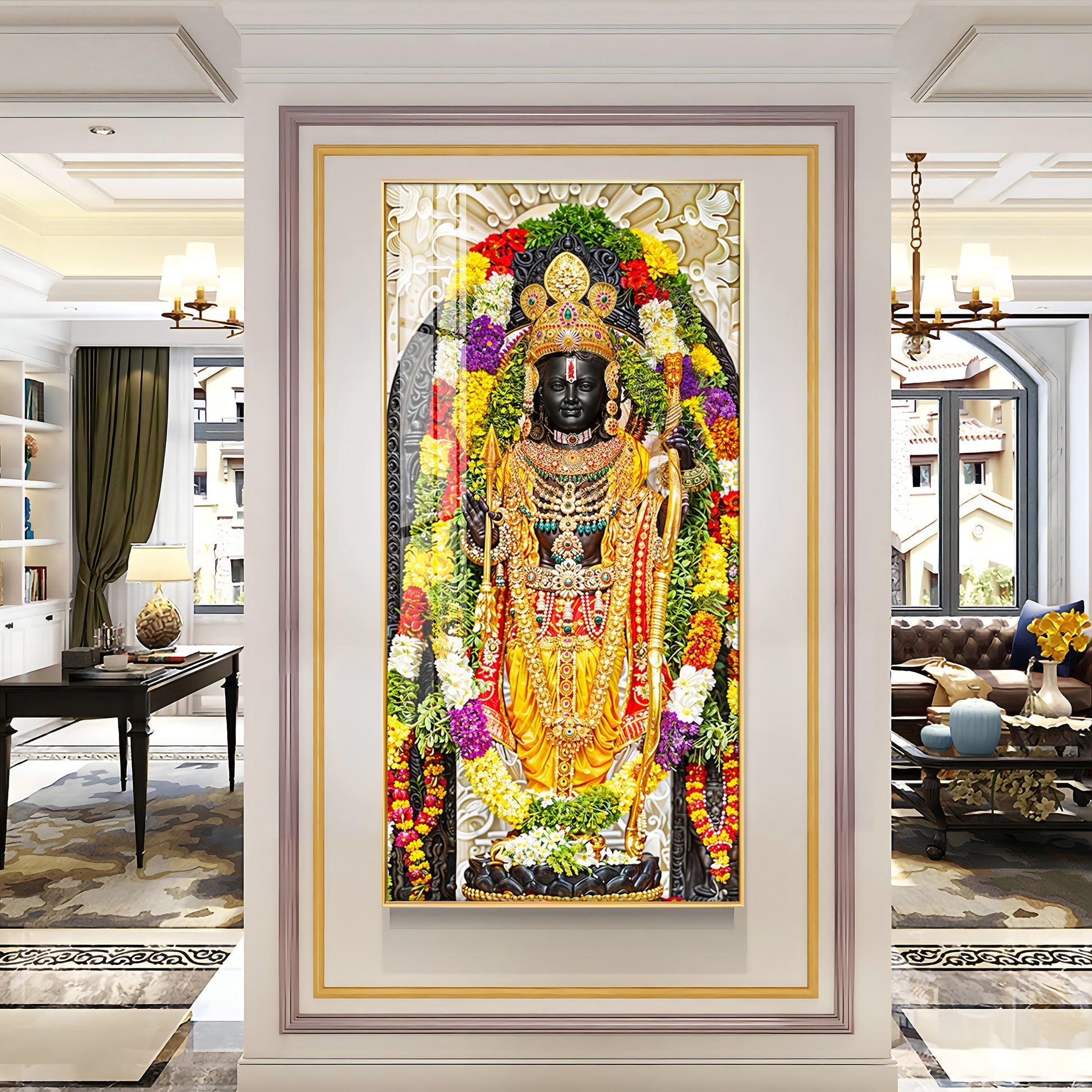 Premium Lord Ram statue design acrylic wall painting with traditional temple artwork style