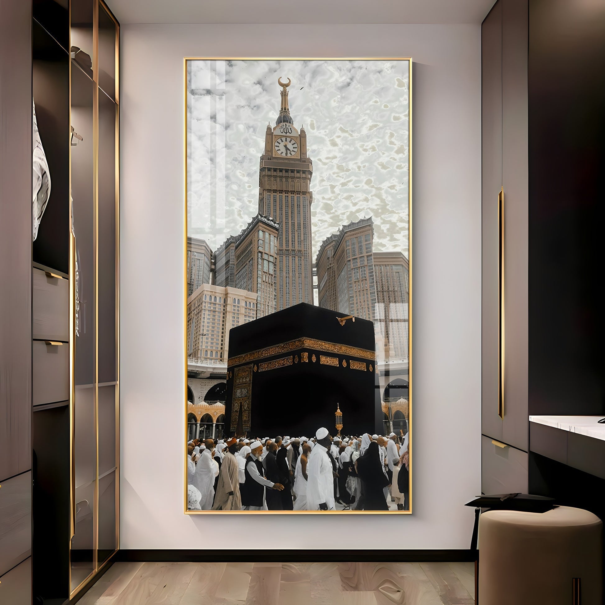Islamic holy site artwork featuring Kaaba acrylic wall painting for living room and prayer space