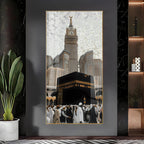 Islamic holy site artwork featuring Kaaba acrylic wall painting for living room and prayer space