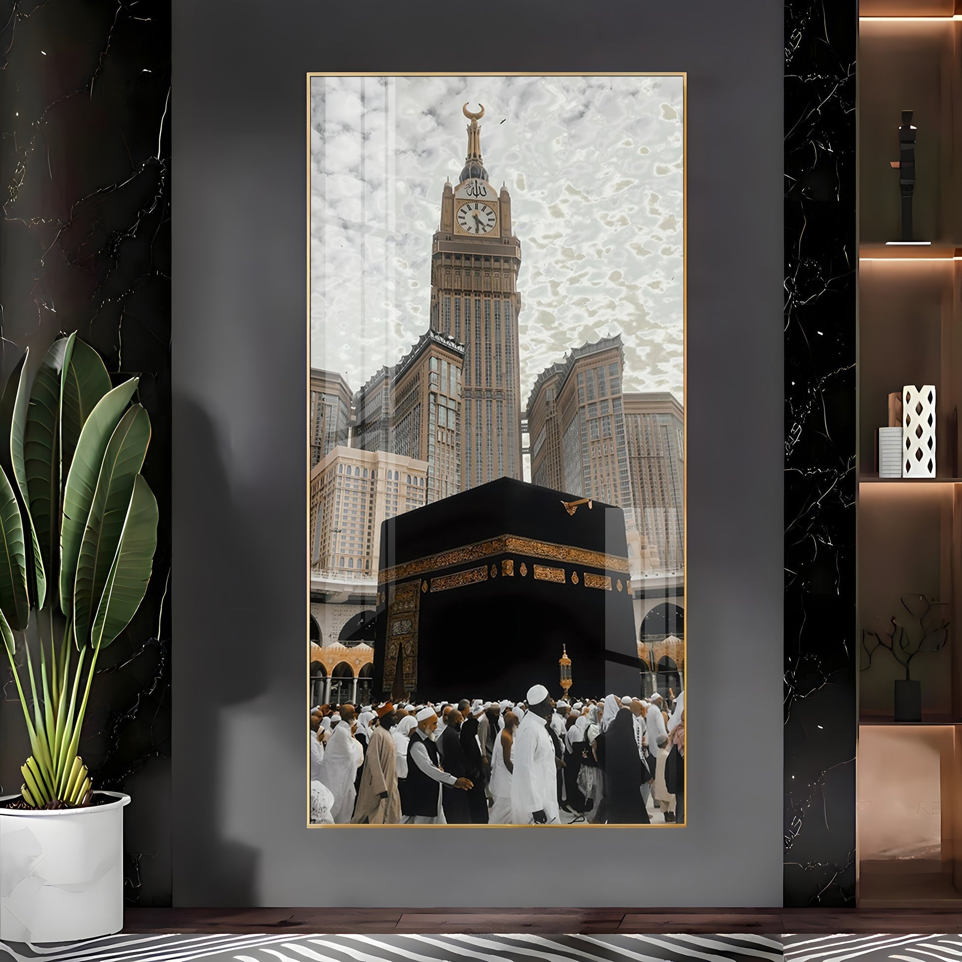 Islamic holy site artwork featuring Kaaba acrylic wall painting for living room and prayer space