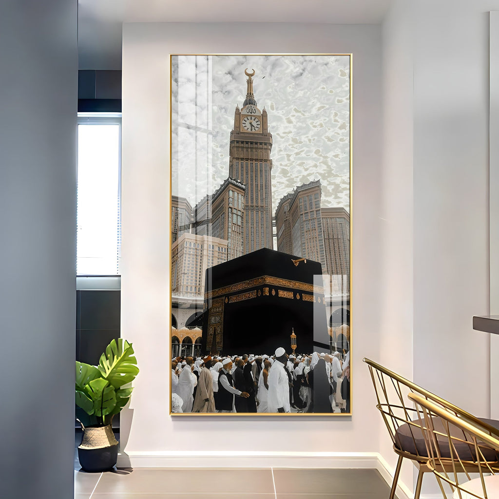 Islamic holy site artwork featuring Kaaba acrylic wall painting for living room and prayer space