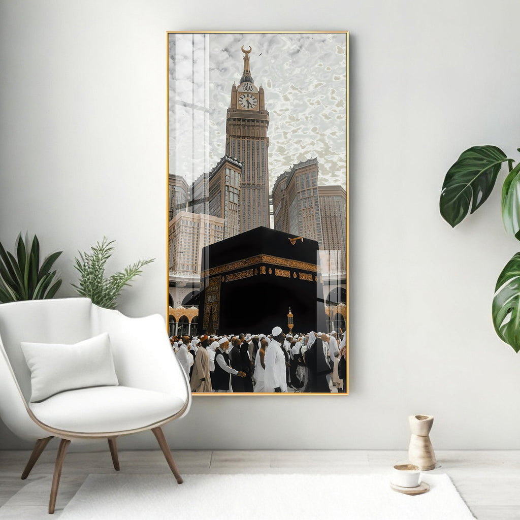 Islamic holy site artwork featuring Kaaba acrylic wall painting for living room and prayer space