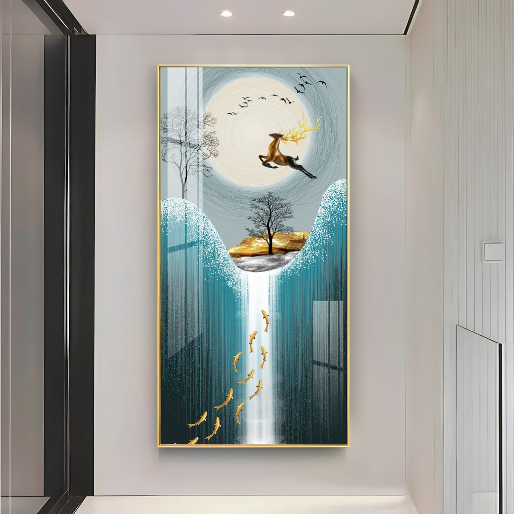 Elegant nature-inspired deer artwork acrylic wall painting with moonlight and flowing water design