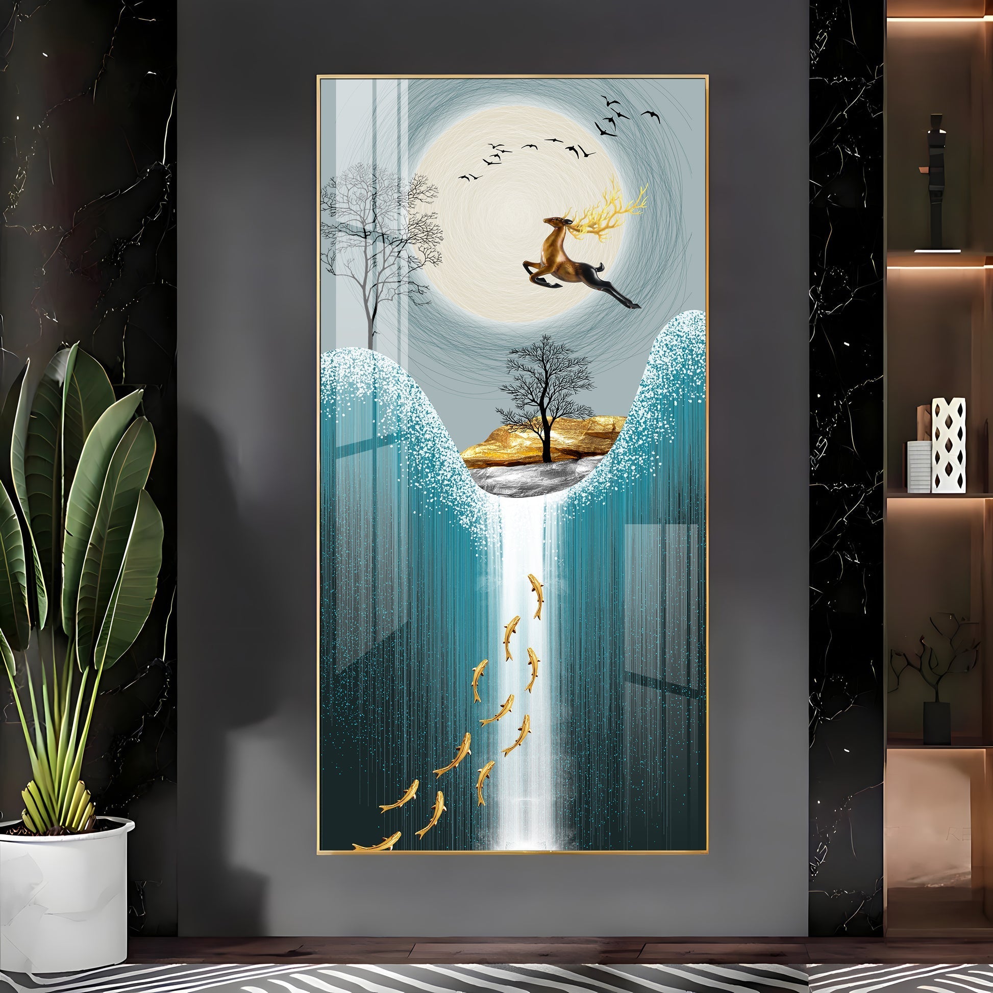 Elegant nature-inspired deer artwork acrylic wall painting with moonlight and flowing water design