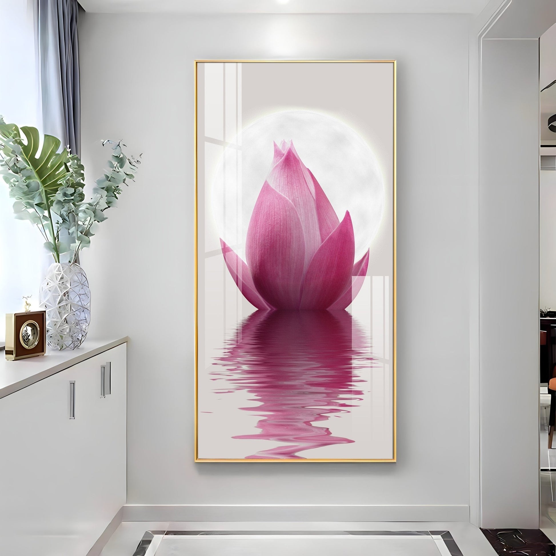 Elegant pink lotus flower reflection acrylic wall painting for calm and peaceful home decor