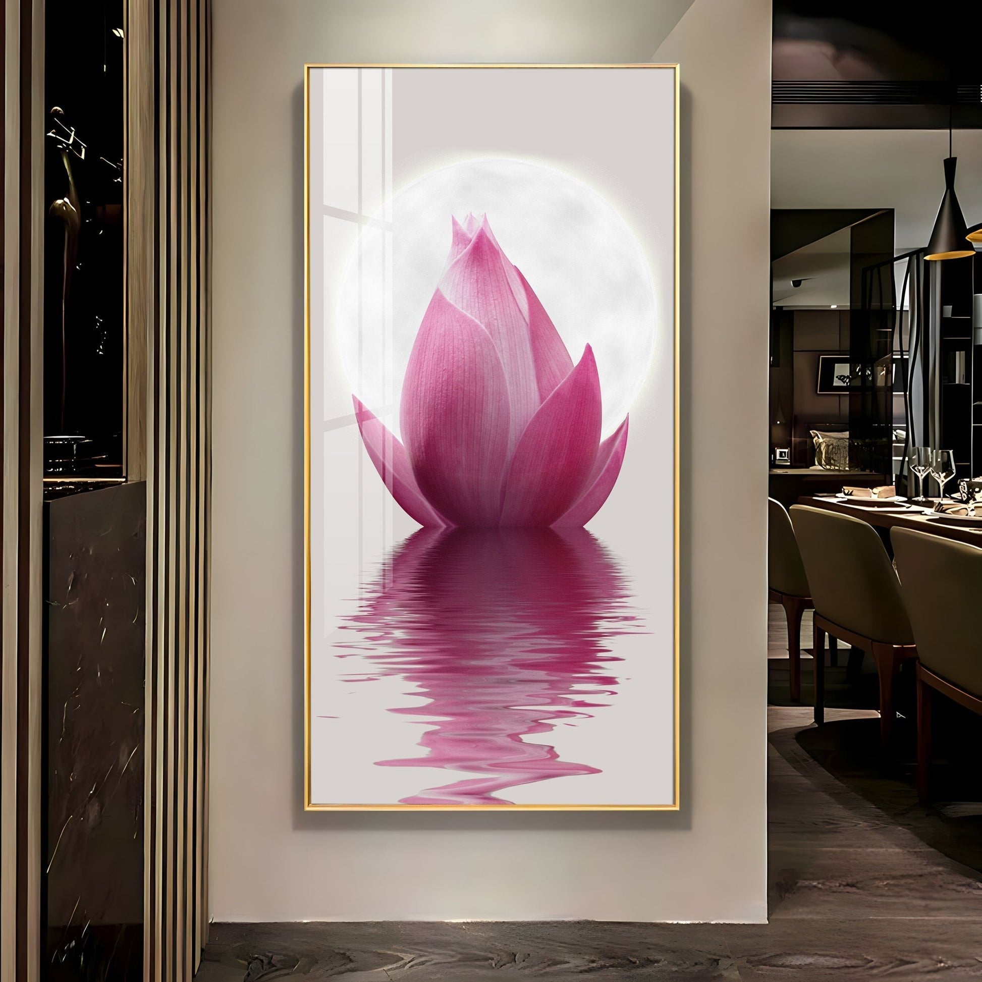 Elegant pink lotus flower reflection acrylic wall painting for calm and peaceful home decor