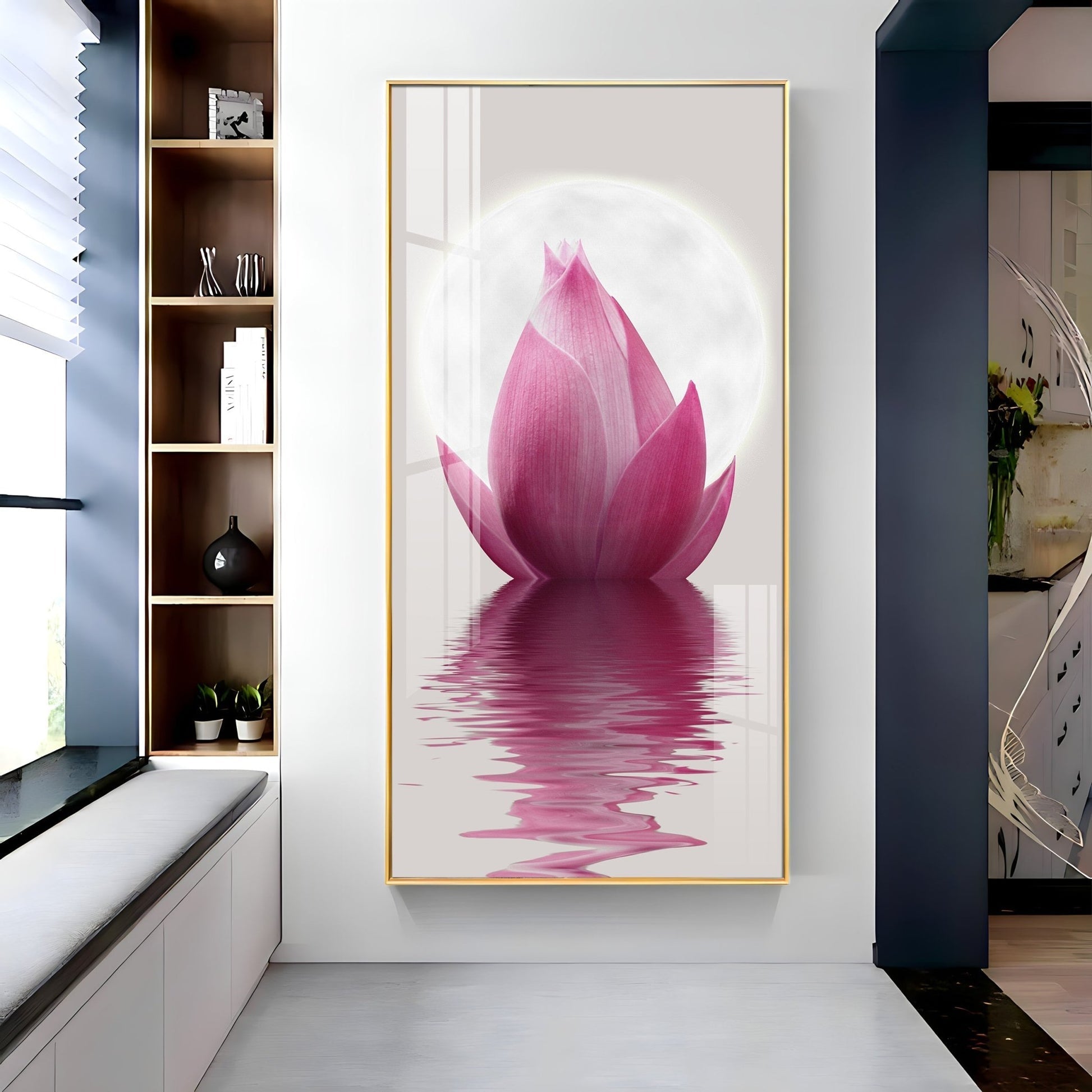 Elegant pink lotus flower reflection acrylic wall painting for calm and peaceful home decor