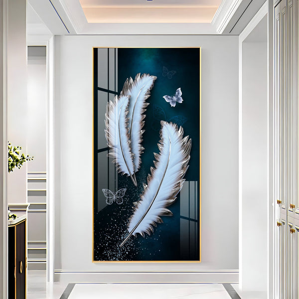 Elegant feather and butterfly modern art acrylic wall painting for stylish living room decor