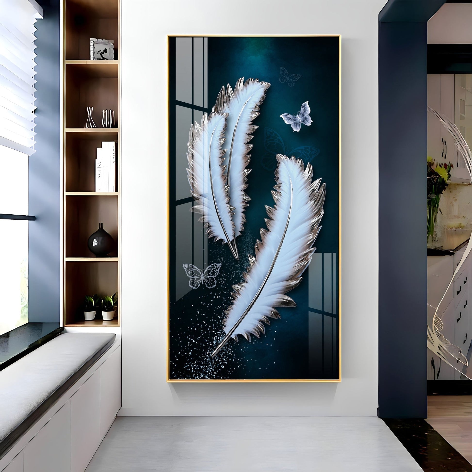Elegant feather and butterfly modern art acrylic wall painting for stylish living room decor