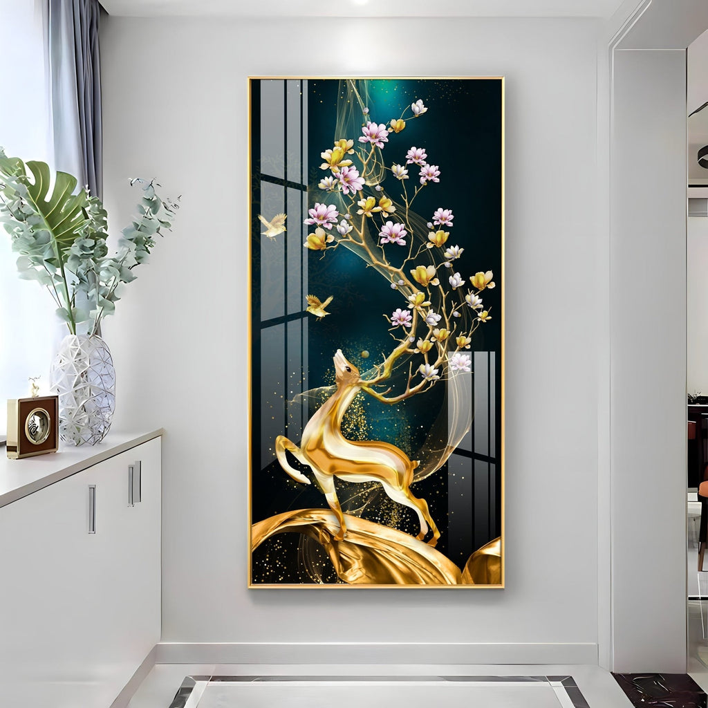 Elegant nature-inspired deer and blossom artwork acrylic wall painting for stylish home interiors