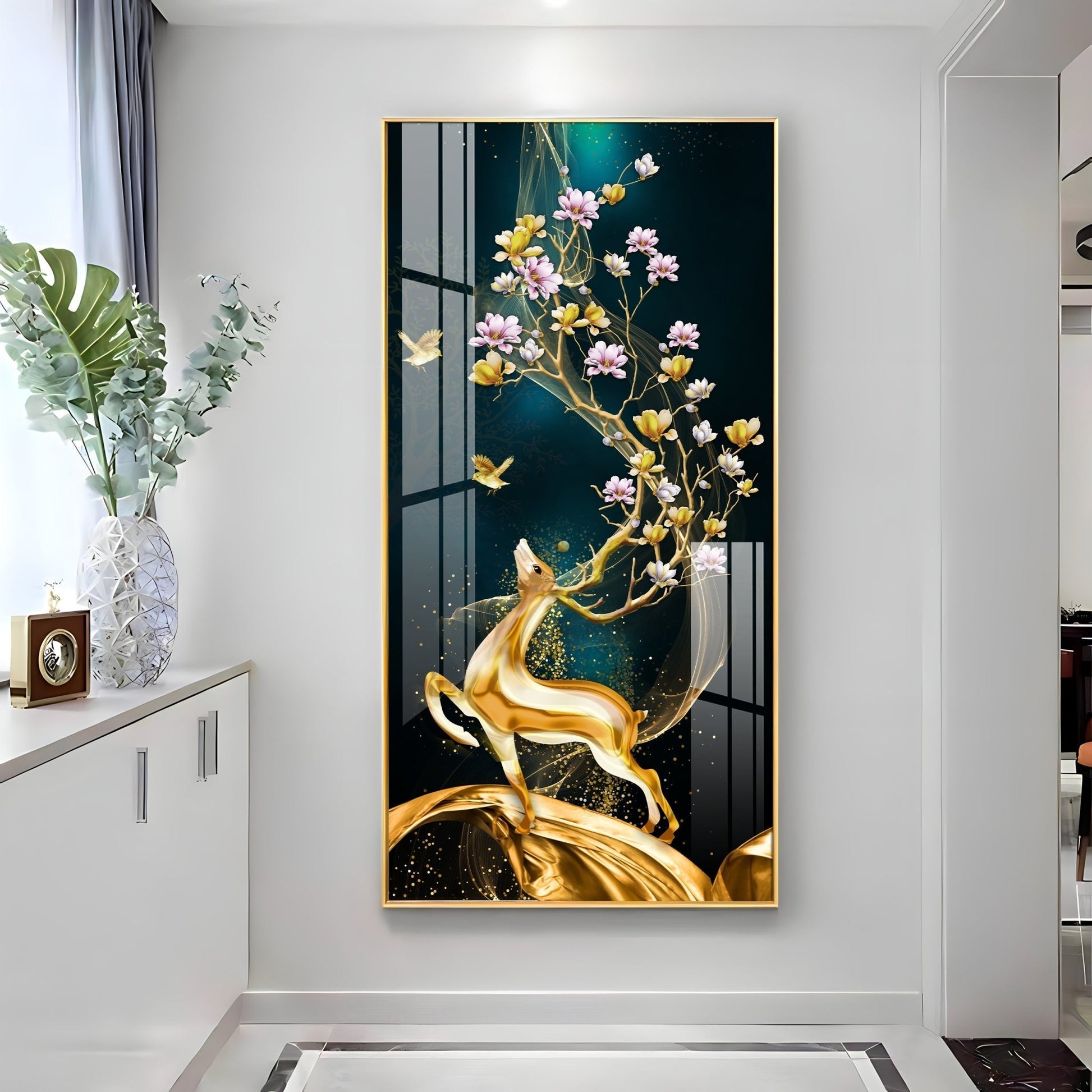 Elegant nature-inspired deer and blossom artwork acrylic wall painting for stylish home interiors