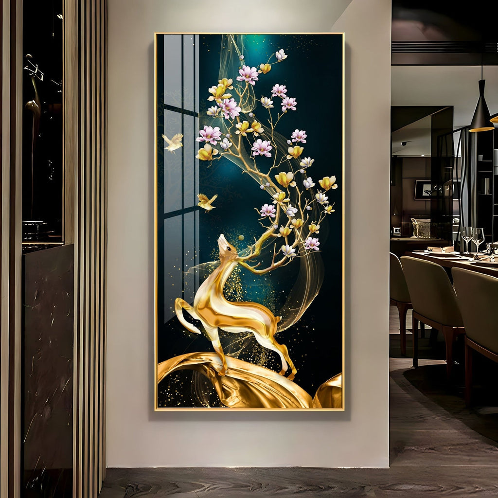 Elegant nature-inspired deer and blossom artwork acrylic wall painting for stylish home interiors