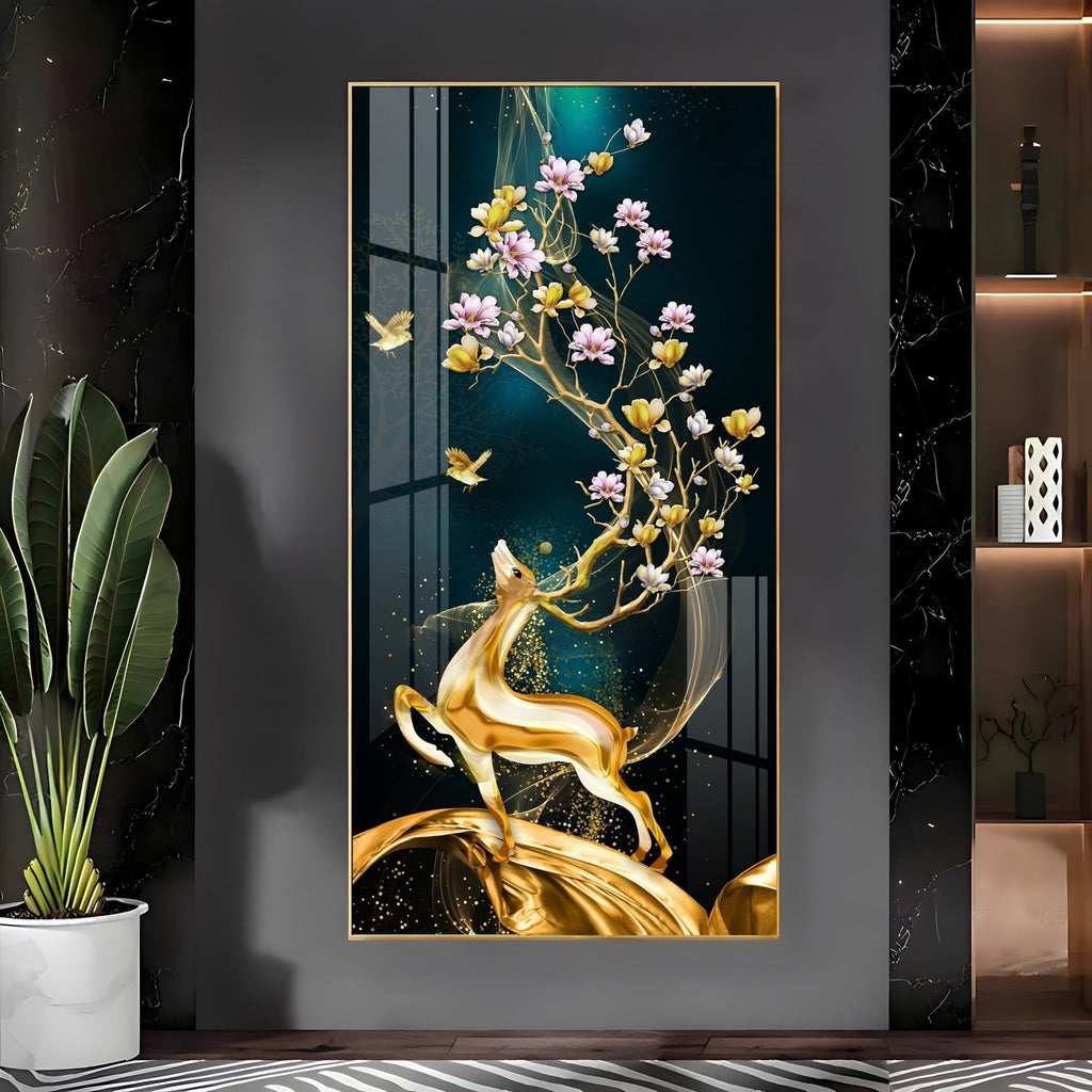 Elegant nature-inspired deer and blossom artwork acrylic wall painting for stylish home interiors