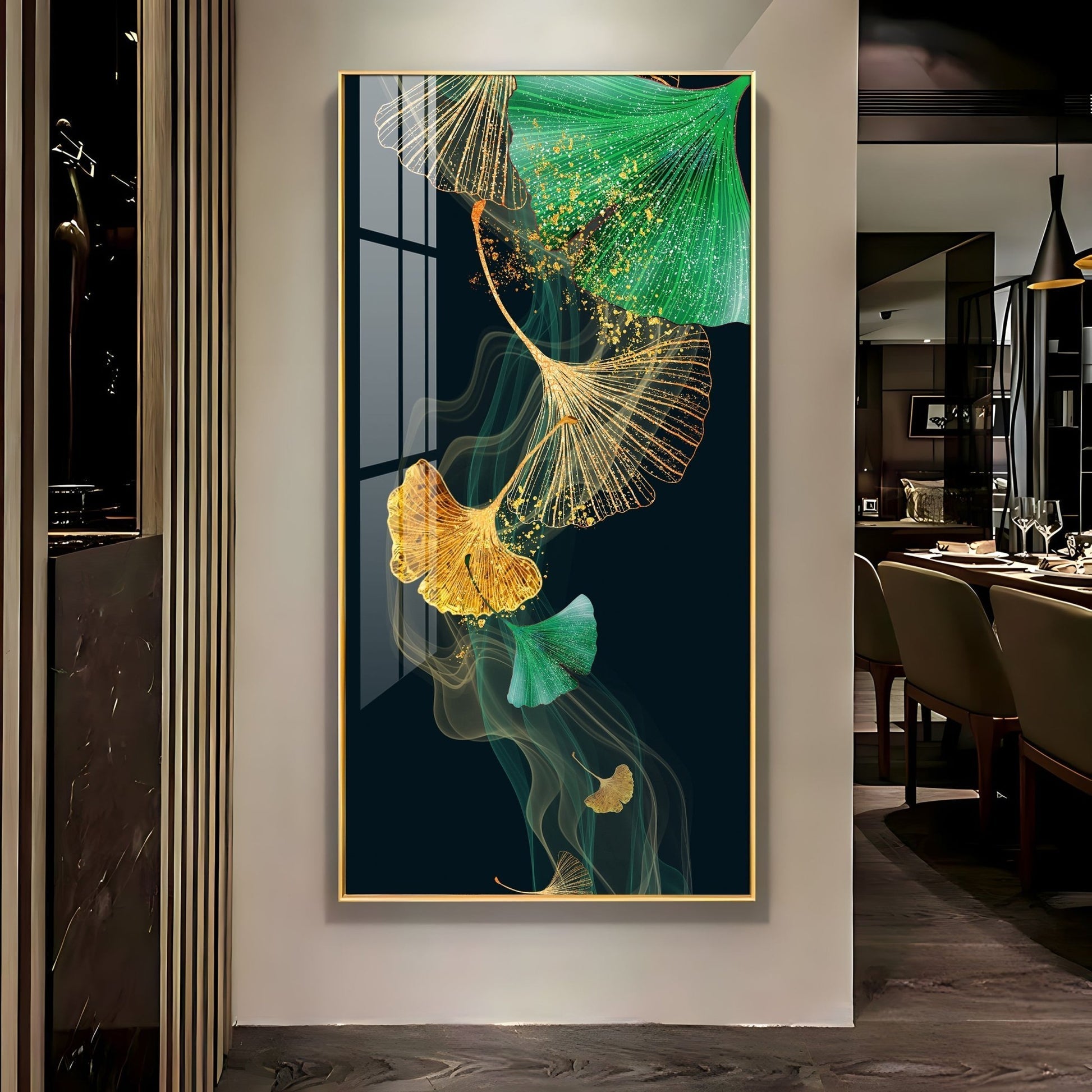 Premium golden and green leaf aesthetic acrylic wall painting for contemporary living room interiors
