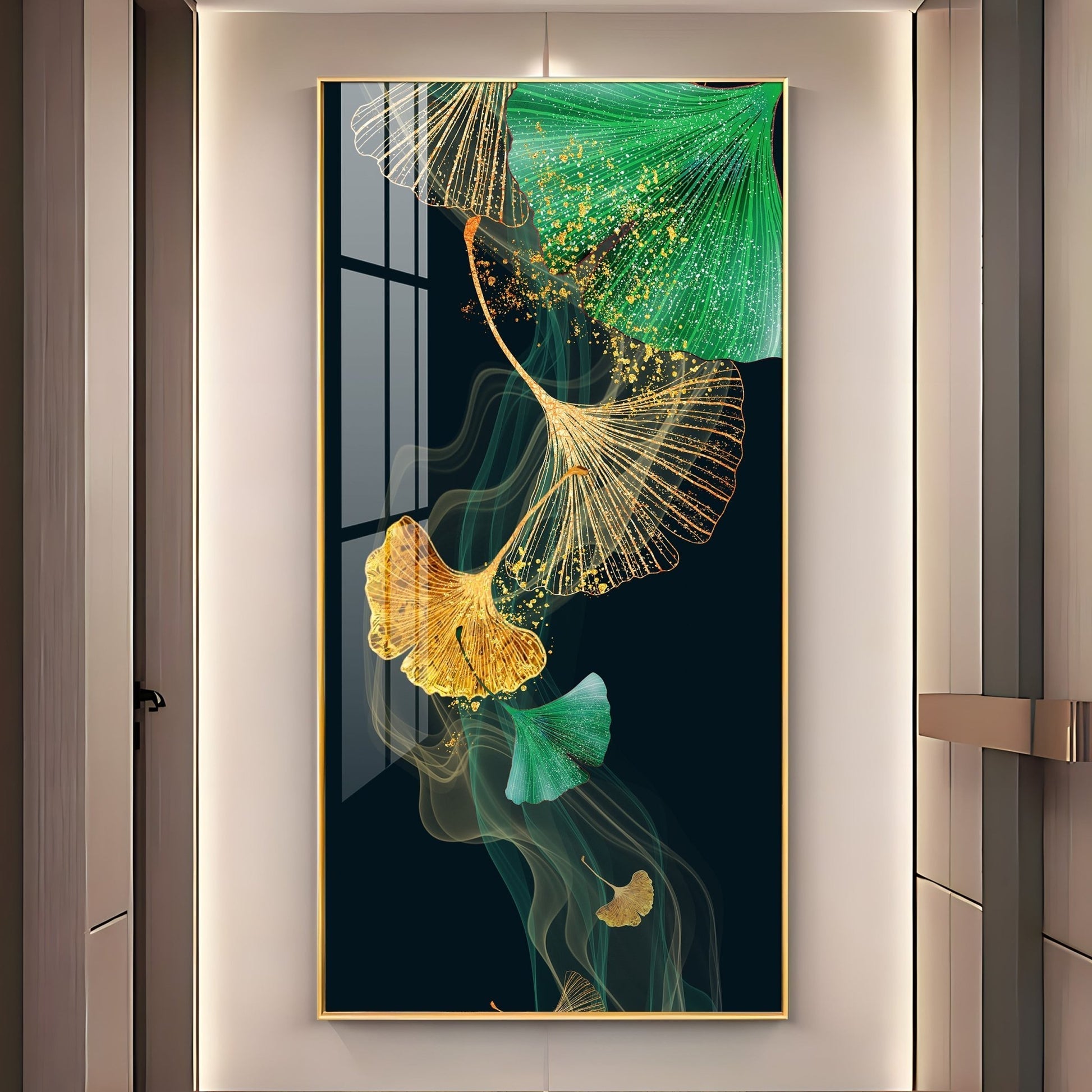 Premium golden and green leaf aesthetic acrylic wall painting for contemporary living room interiors