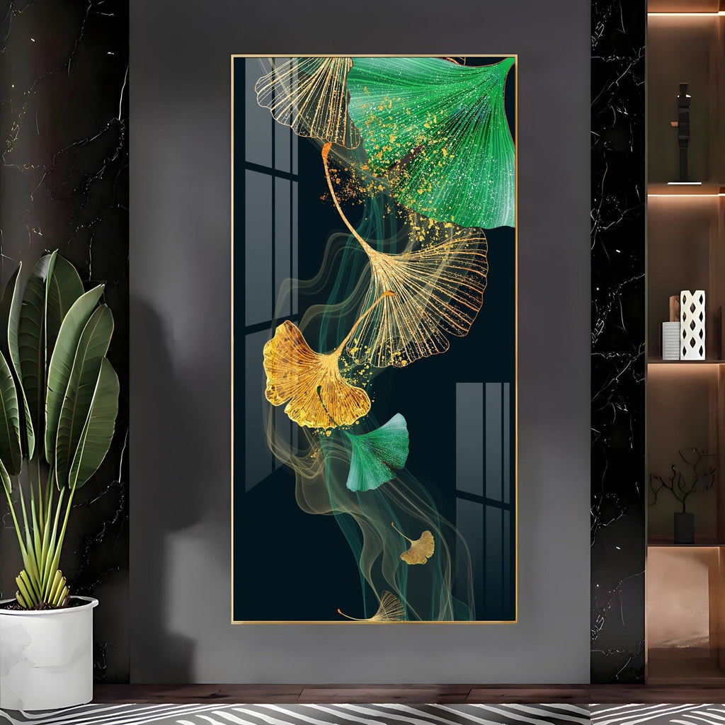 Premium golden and green leaf aesthetic acrylic wall painting for contemporary living room interiors