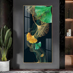 Premium golden and green leaf aesthetic acrylic wall painting for contemporary living room interiors