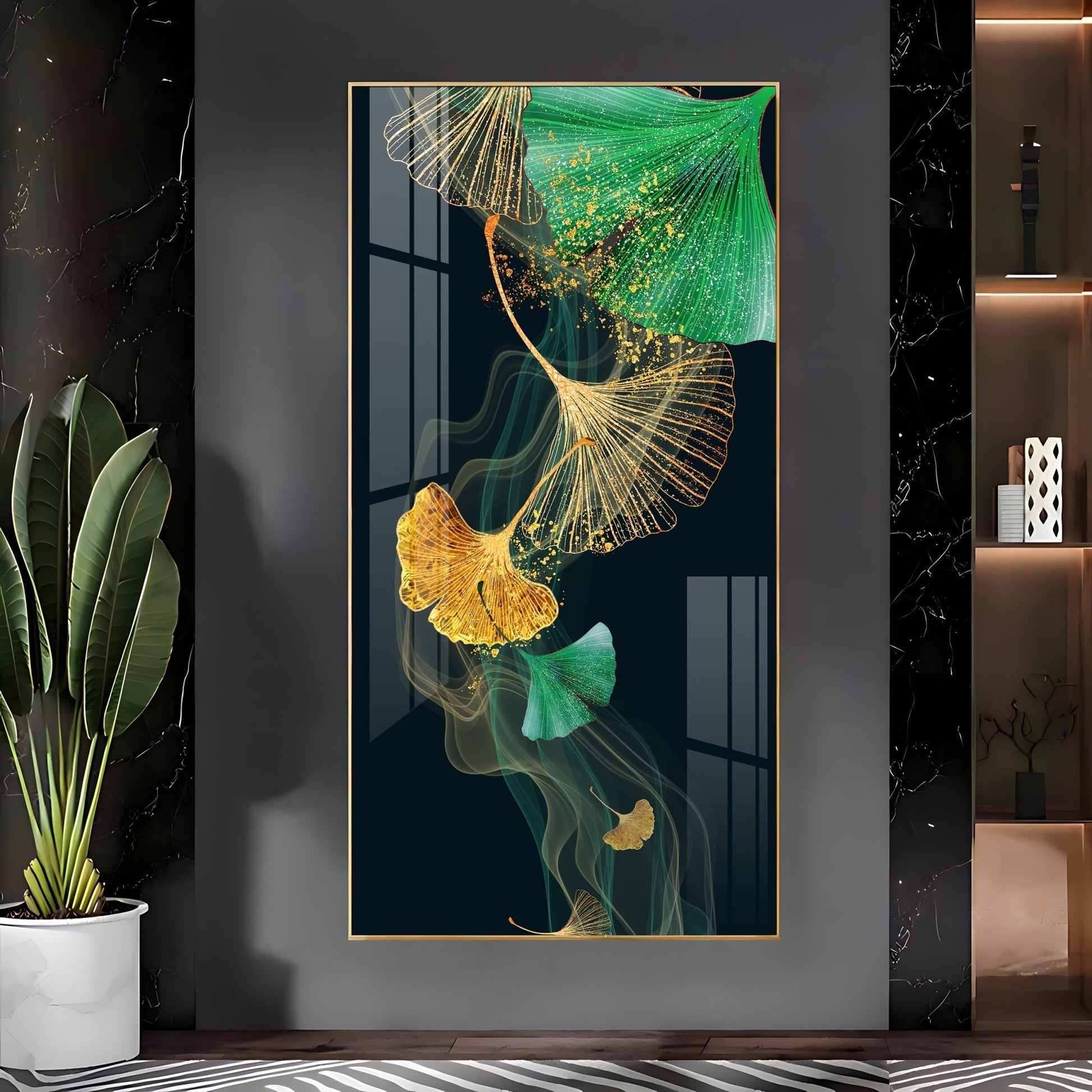 Premium golden and green leaf aesthetic acrylic wall painting for contemporary living room interiors