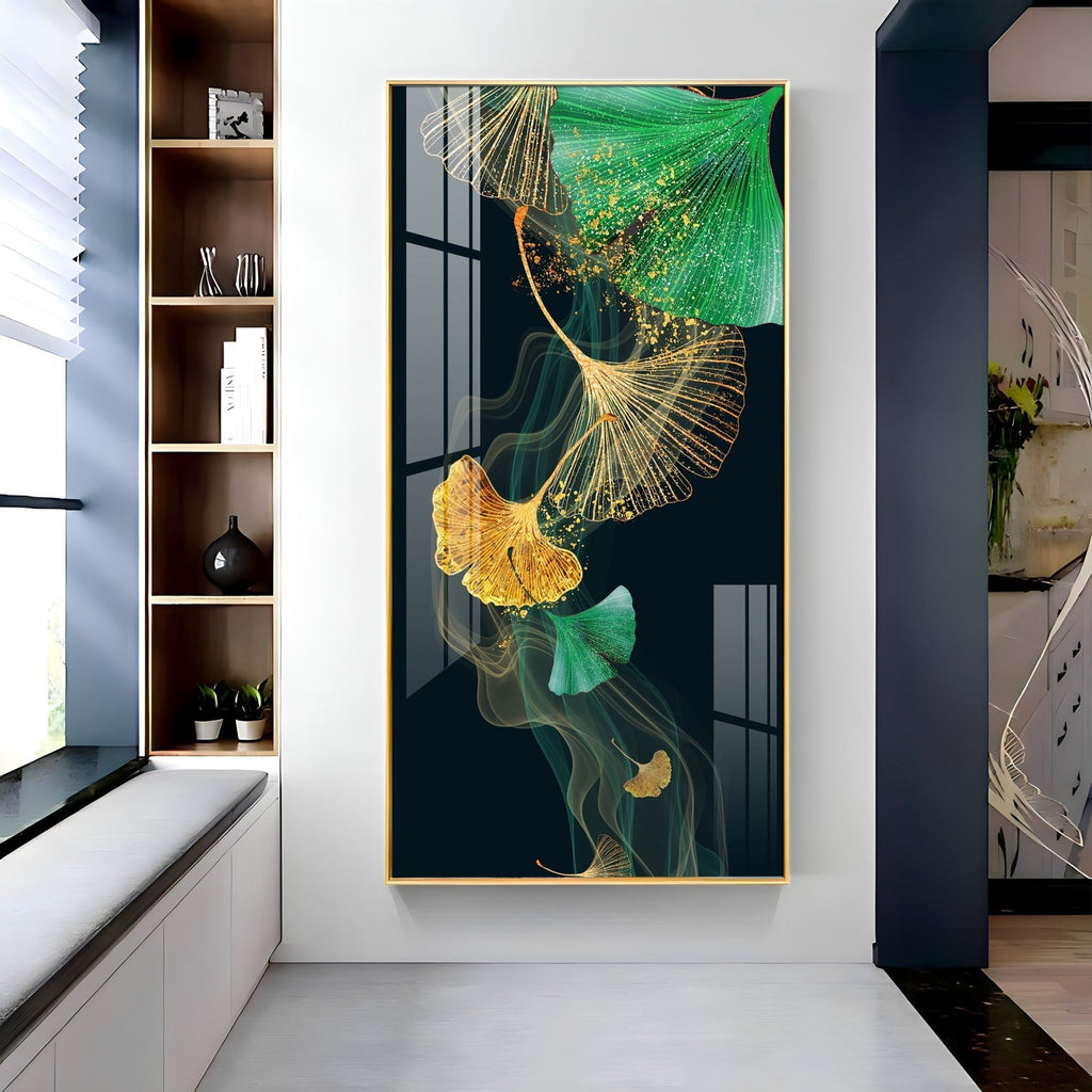 Premium golden and green leaf aesthetic acrylic wall painting for contemporary living room interiors