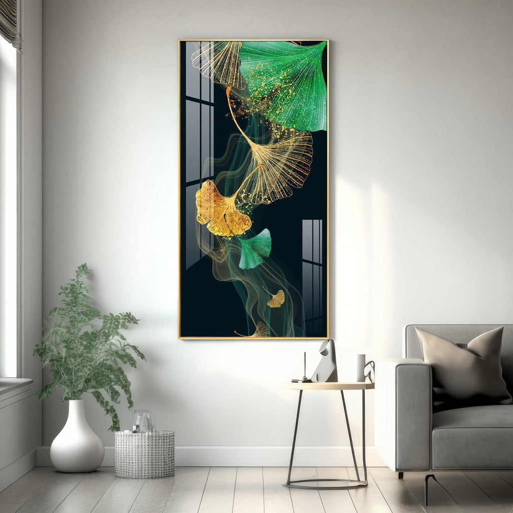 Premium golden and green leaf aesthetic acrylic wall painting for contemporary living room interiors