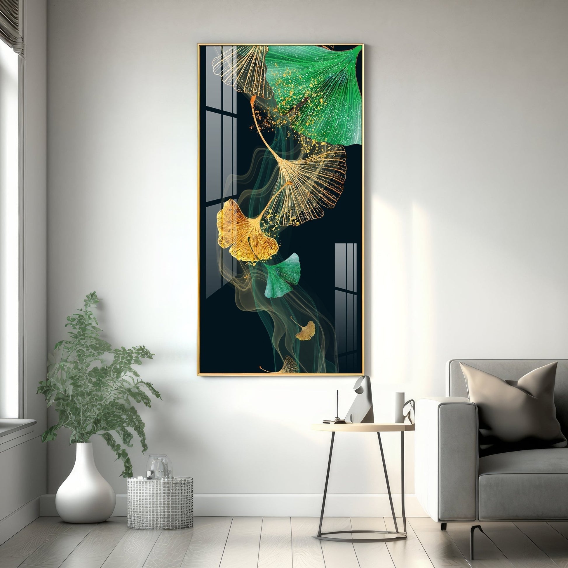 Premium golden and green leaf aesthetic acrylic wall painting for contemporary living room interiors