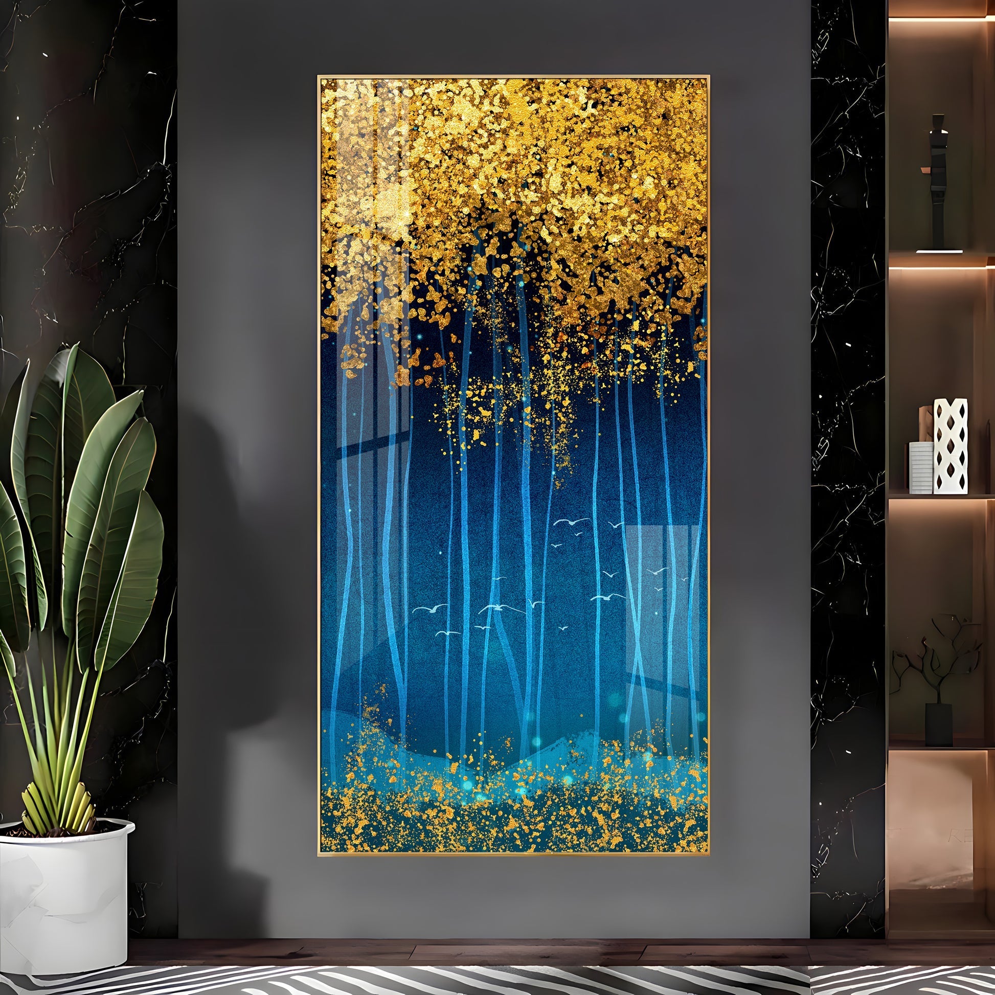 Luxury golden abstract forest design modern art acrylic wall painting for elegant home decor