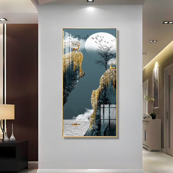 Abstract nature scene with deer and waterfall premium acrylic wall painting for living room elegance