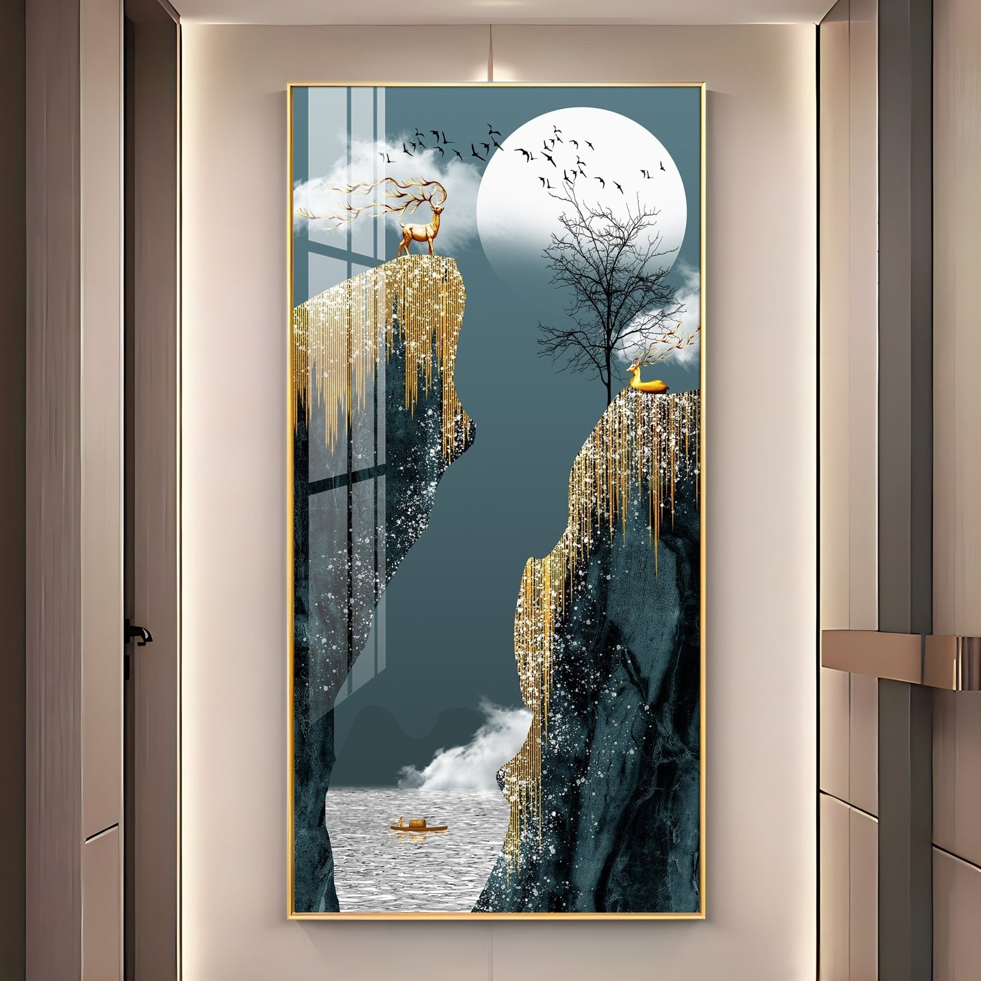 Abstract nature scene with deer and waterfall premium acrylic wall painting for living room elegance