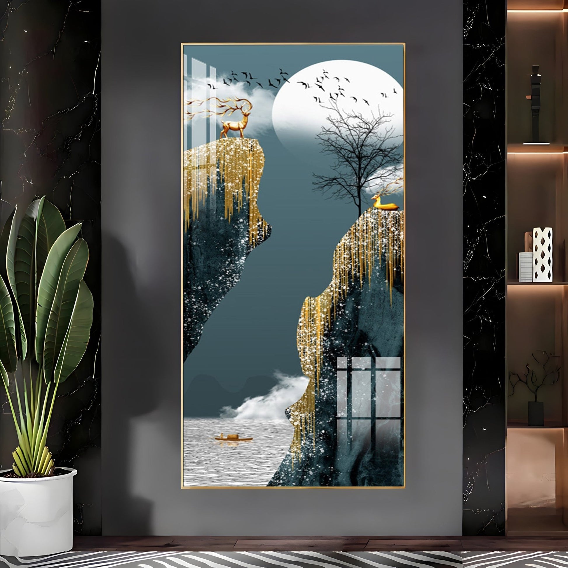 Abstract nature scene with deer and waterfall premium acrylic wall painting for living room elegance