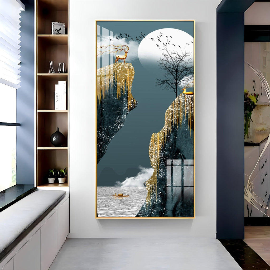 Abstract nature scene with deer and waterfall premium acrylic wall painting for living room elegance
