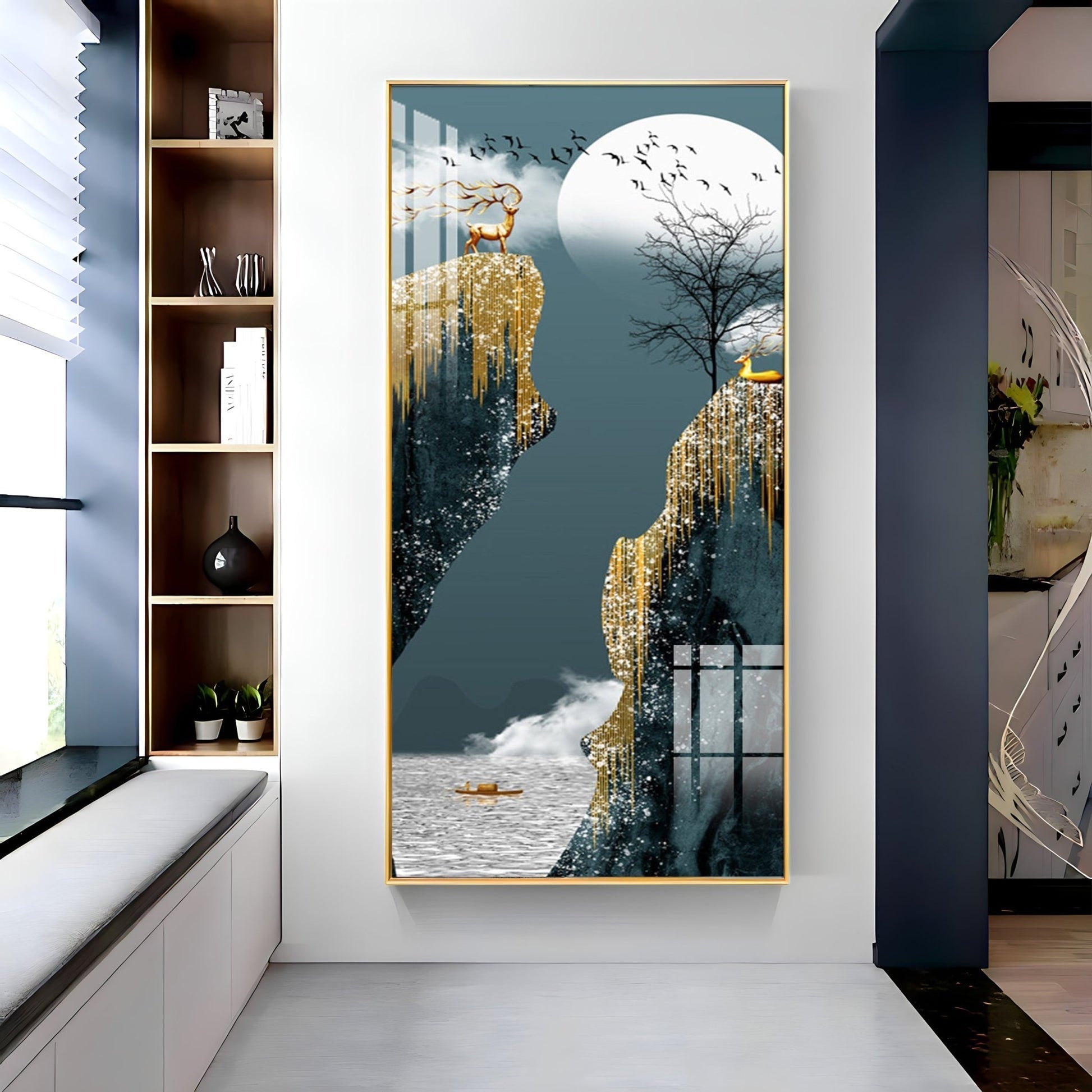 Abstract nature scene with deer and waterfall premium acrylic wall painting for living room elegance