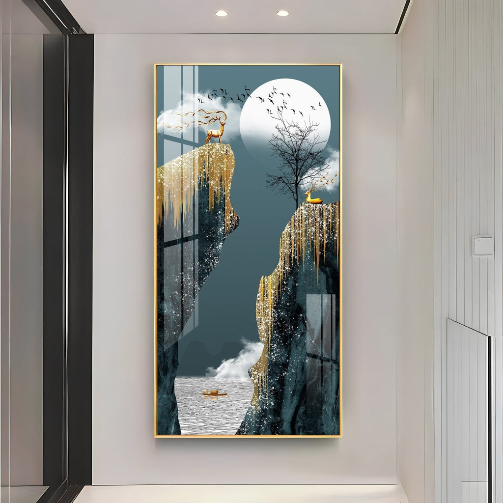 Abstract nature scene with deer and waterfall premium acrylic wall painting for living room elegance