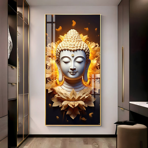 Peaceful Buddha head with radiant floral background acrylic wall painting for zen and relaxation decor