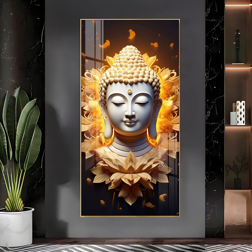 Peaceful Buddha head with radiant floral background acrylic wall painting for zen and relaxation decor