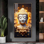 Peaceful Buddha head with radiant floral background acrylic wall painting for zen and relaxation decor