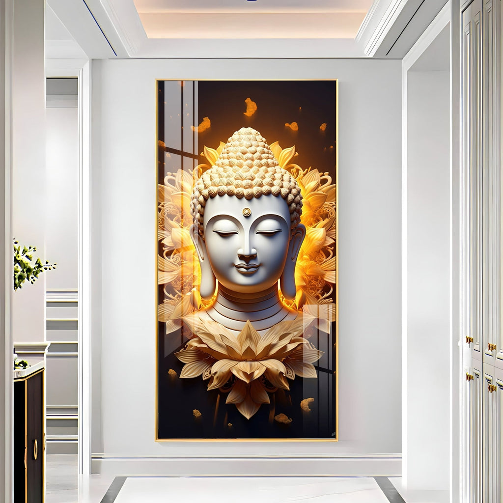 Peaceful Buddha head with radiant floral background acrylic wall painting for zen and relaxation decor