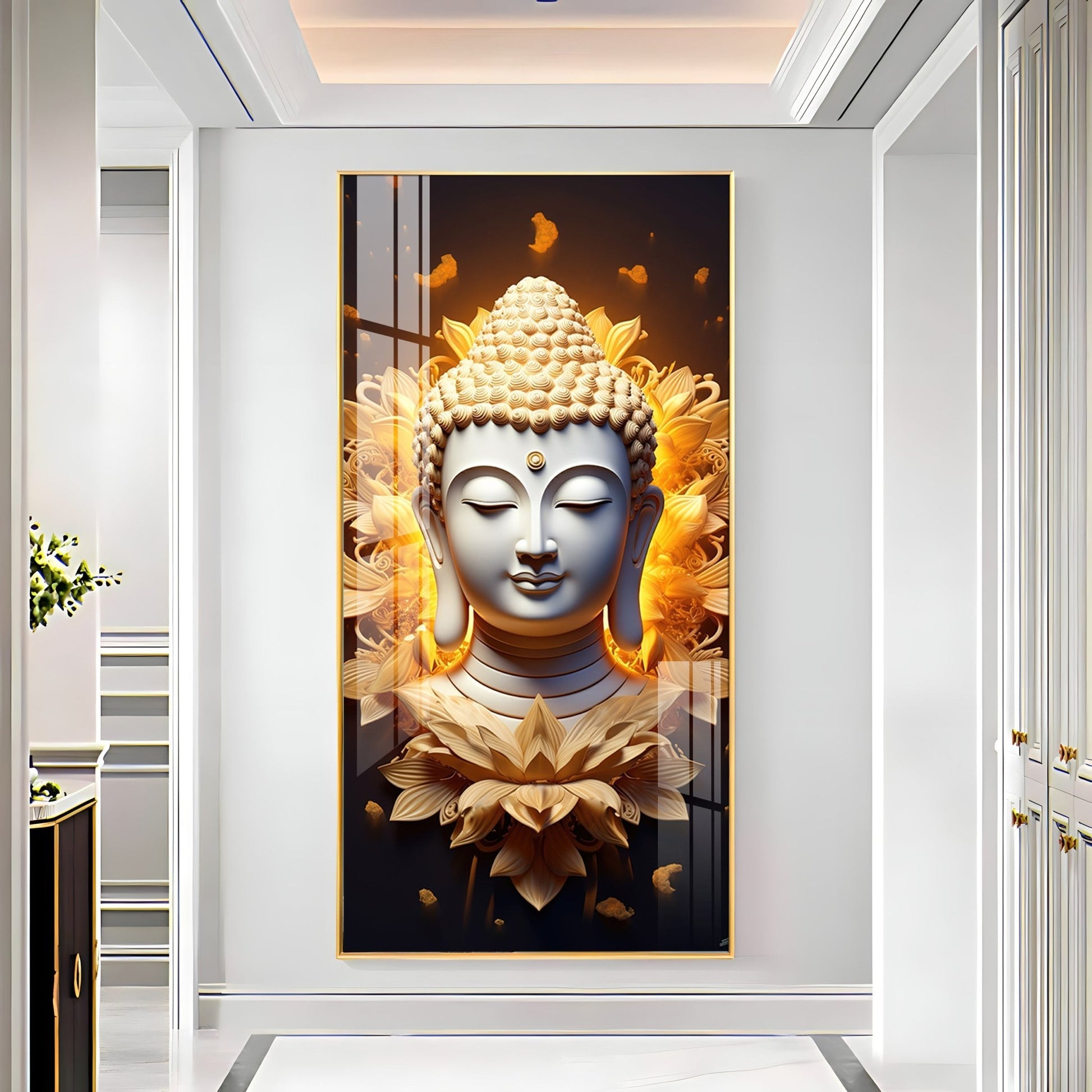 Peaceful Buddha head with radiant floral background acrylic wall painting for zen and relaxation decor