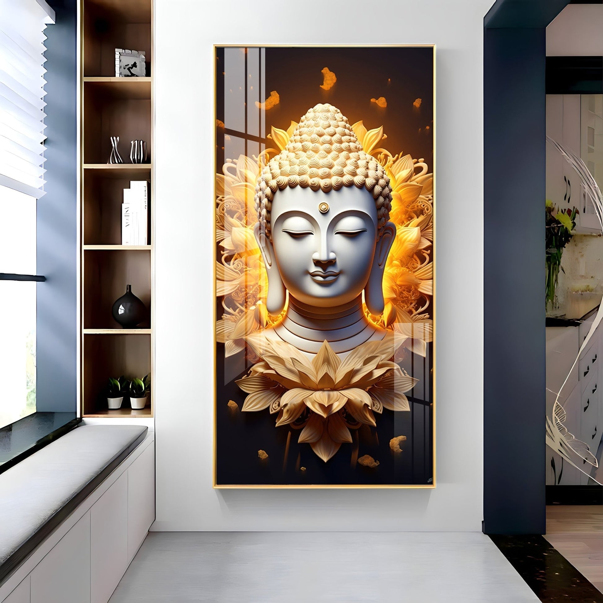 Peaceful Buddha head with radiant floral background acrylic wall painting for zen and relaxation decor